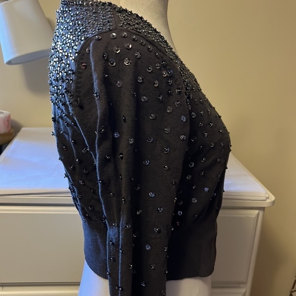 Charcoal gray soft short cardigan sweater with sequins and beads, small - Picture 6 of 12